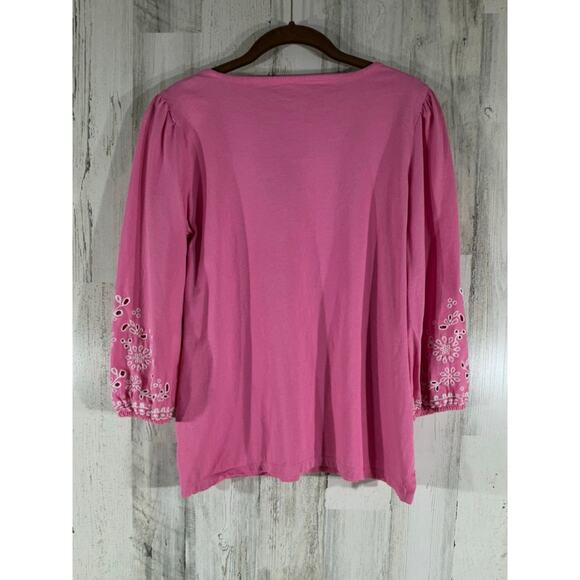 Talbots Top Size Small Pink Puff Pleated 3/4 Sleeve Embroidered 100% Cotton - Picture 2 of 6